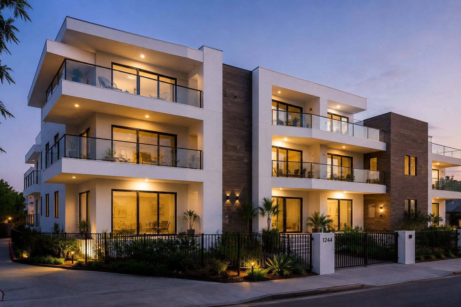 Modern multifamily building at dusk
