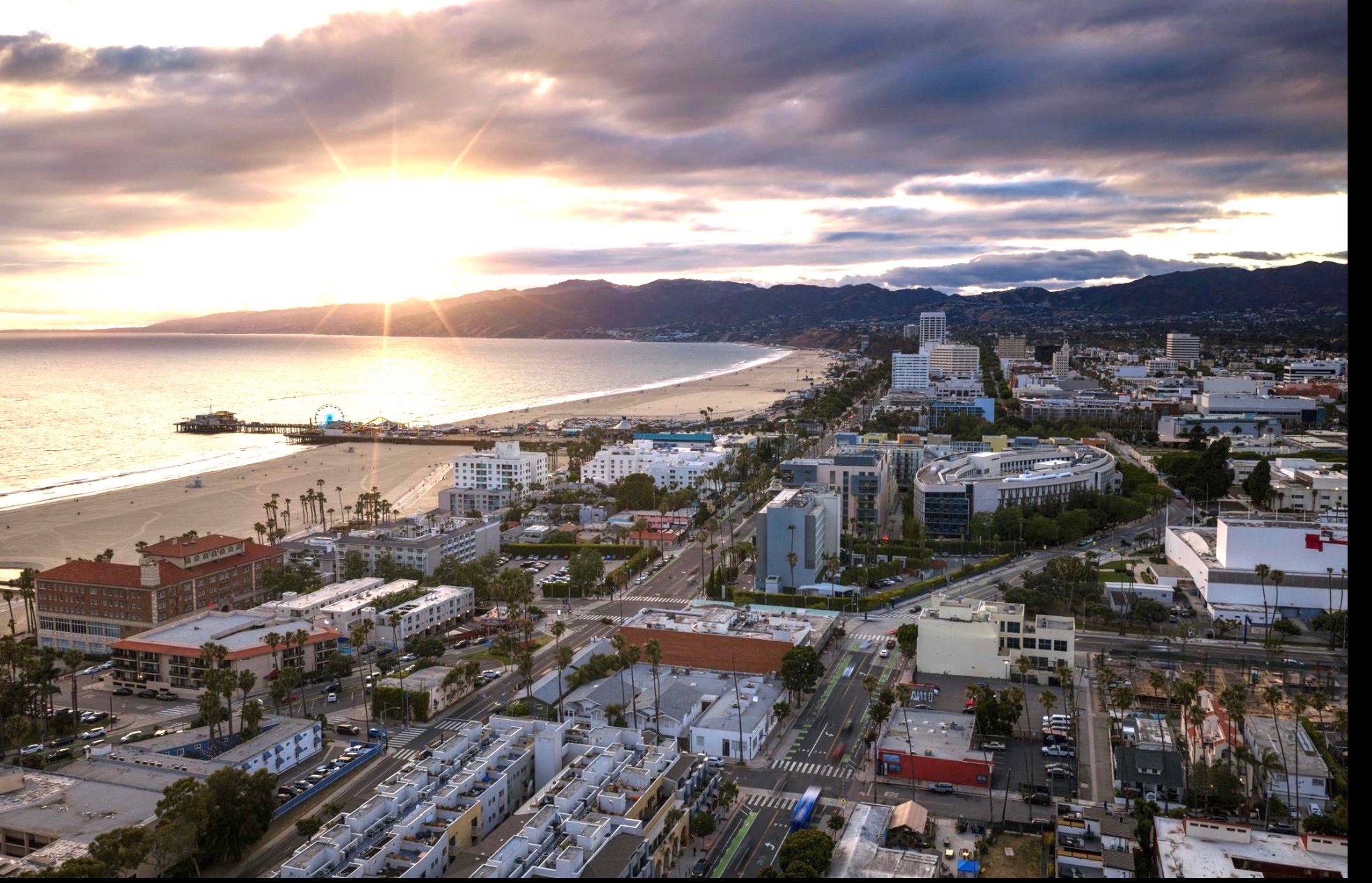 Santa Monica coastline aerial view at sunset